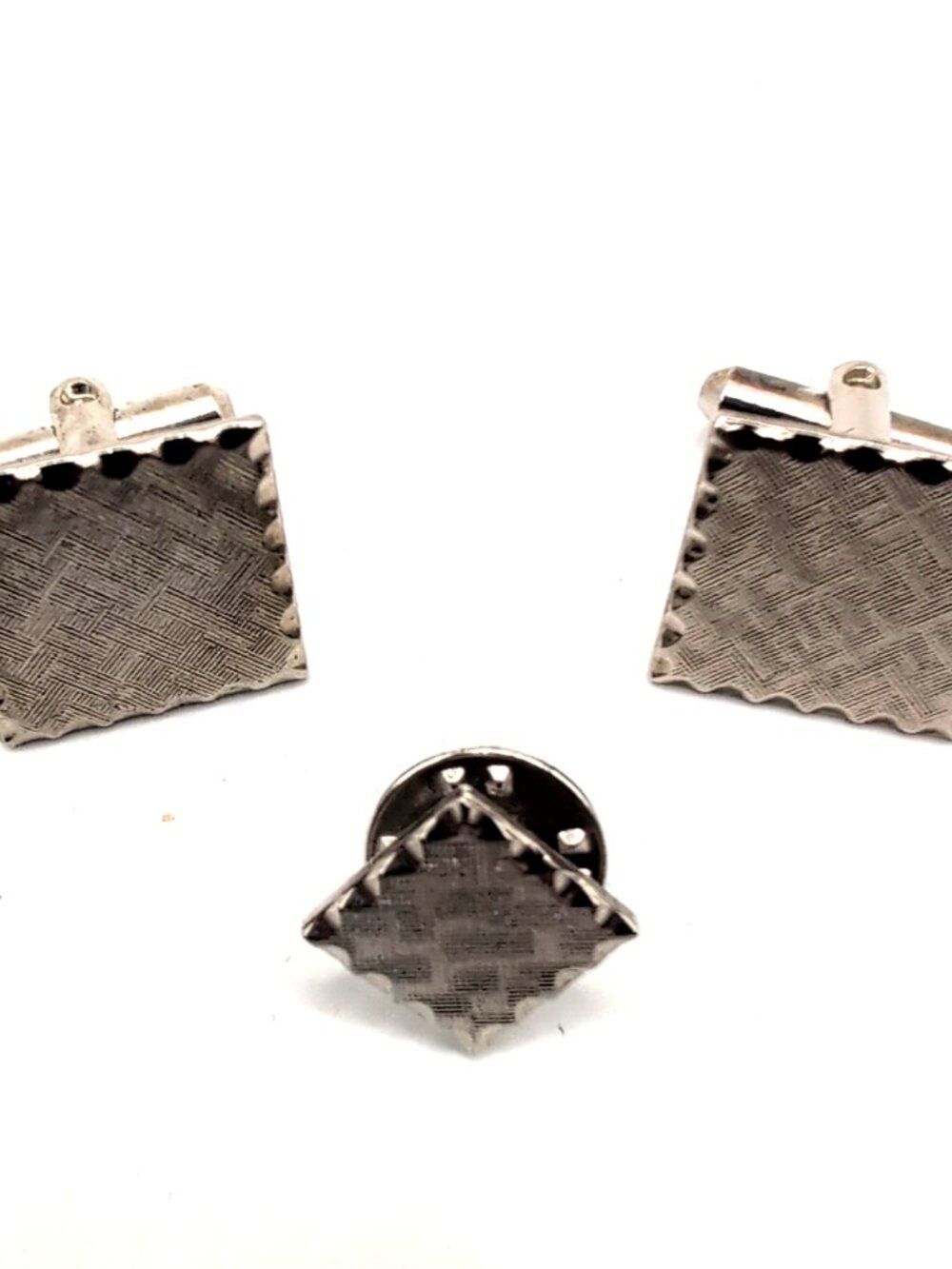 Vintage Silver Tone Textured Square Cufflinks + Matching Lapel Pin Unbranded - Picture 2 of 6